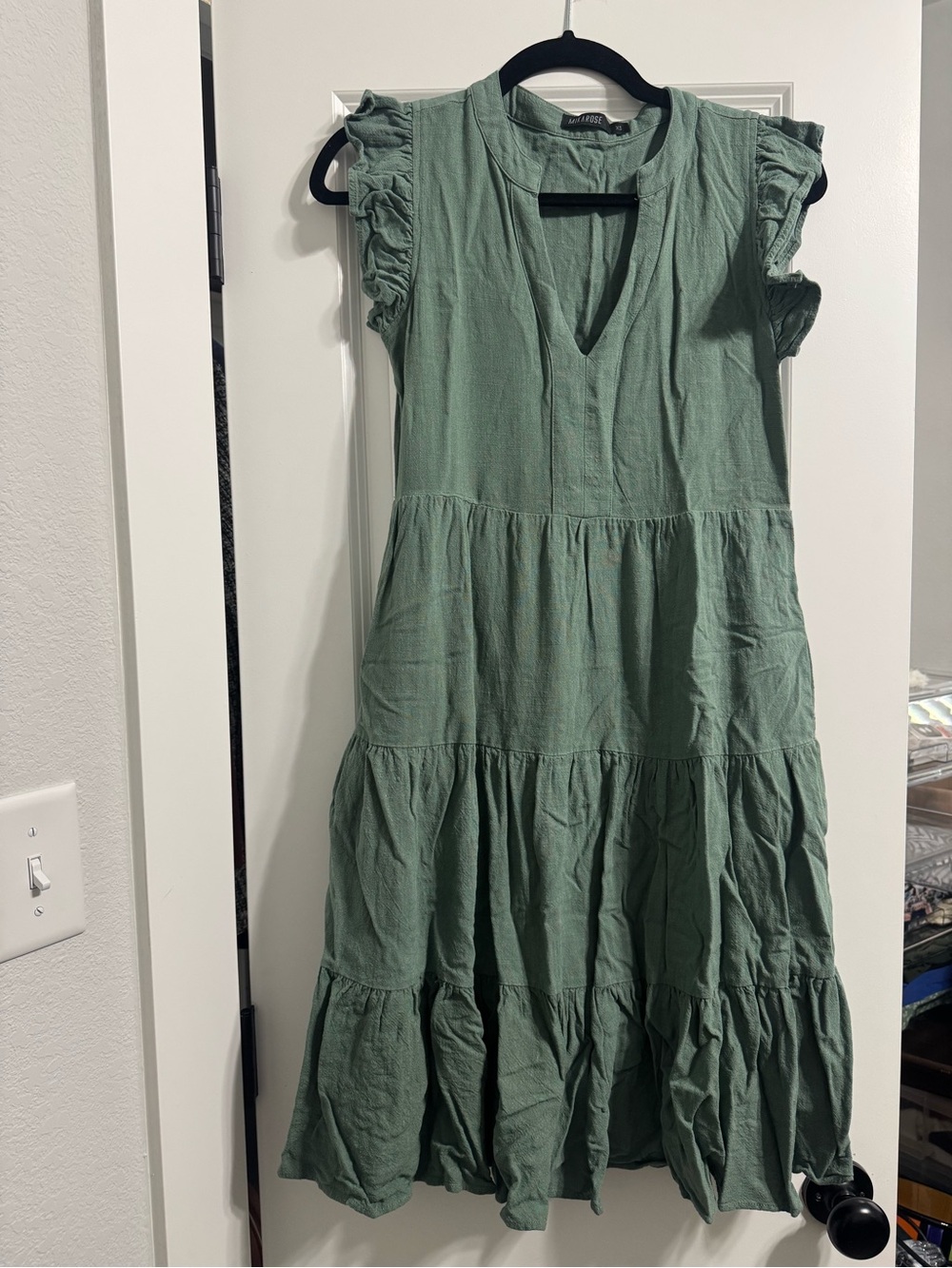 Mikarose Sage Green Tiered Ruffle Sleeve Linen Blend Midi Dress